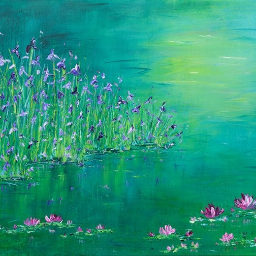Large contemporary impressionist painting of a pond with irises and waterlilies on canvas size 30" x 40"