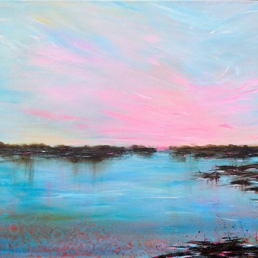 Original peaceful seascape painting of a sunset or sunrise on gallery wrapped canvas size 24" x 30"