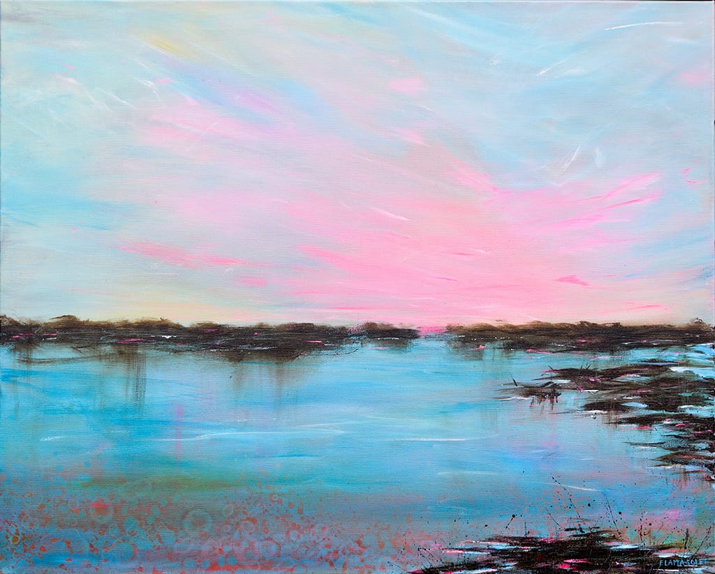 Original peaceful seascape painting of a sunset or sunrise on gallery wrapped canvas size 24" x 30"