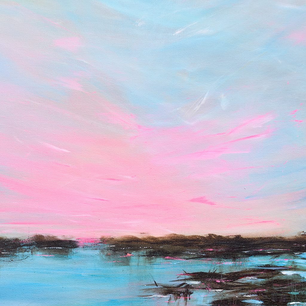 Original peaceful seascape painting of a sunset or sunrise on gallery wrapped canvas size 24" x 30"