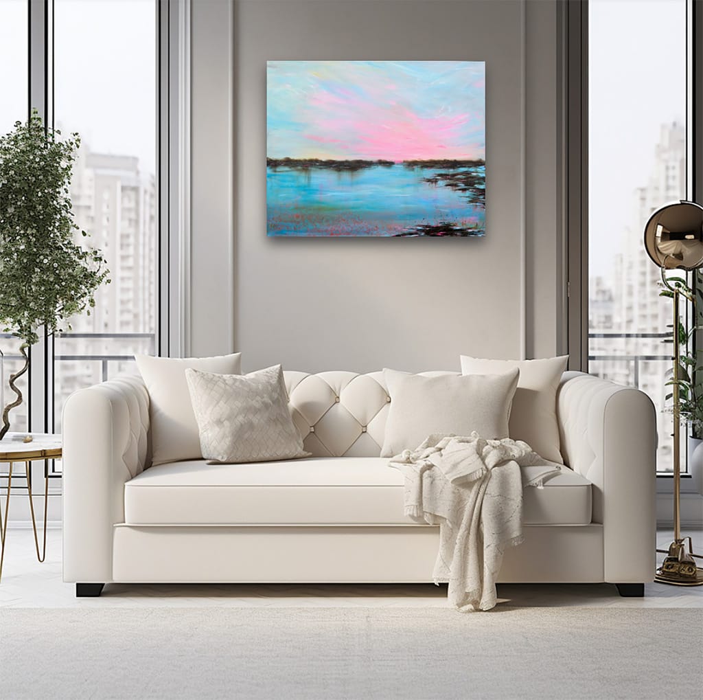 Original peaceful seascape painting of a sunset or sunrise on gallery wrapped canvas size 24" x 30"