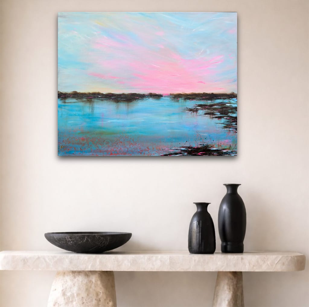 Original peaceful seascape painting of a sunset or sunrise on gallery wrapped canvas size 24" x 30"