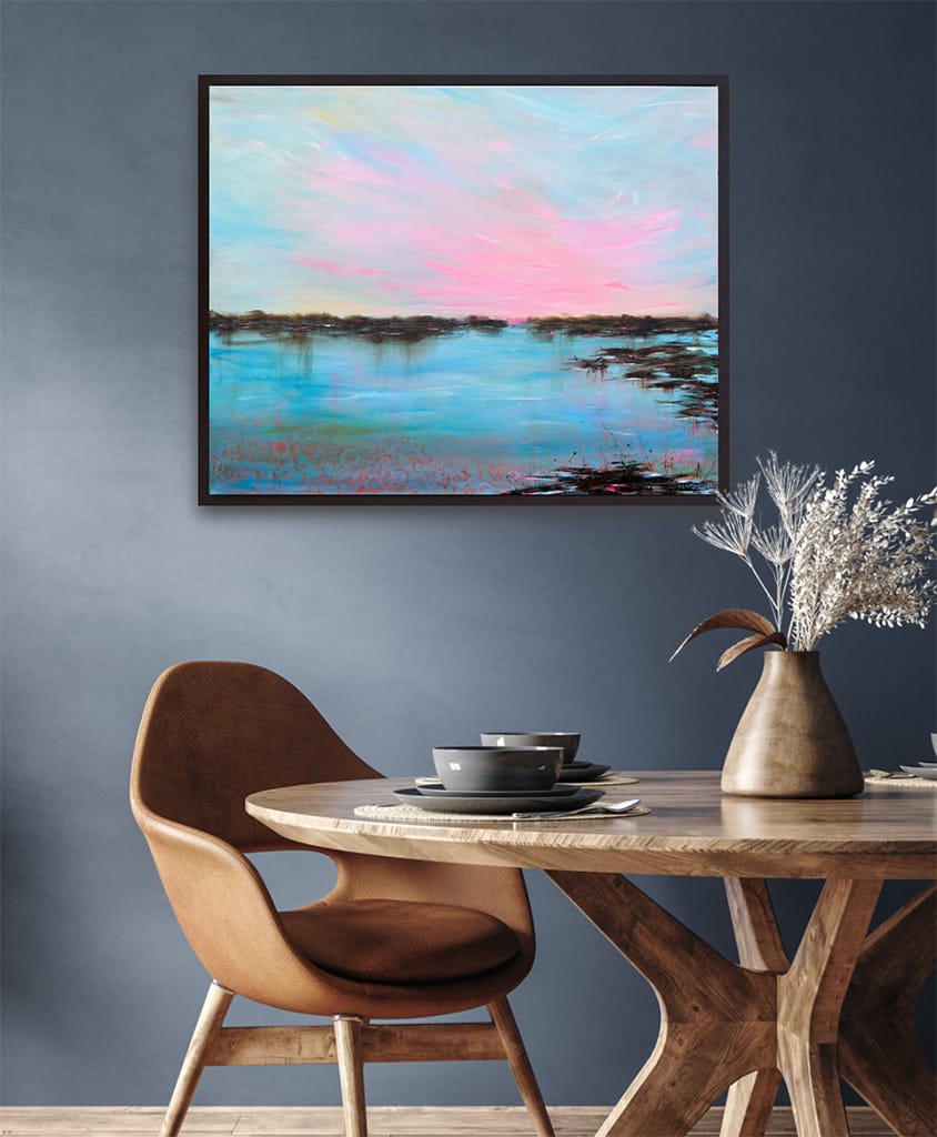 Original peaceful seascape painting of a sunset or sunrise on gallery wrapped canvas size 24" x 30"