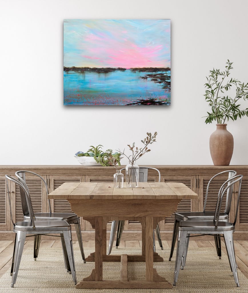 Original peaceful seascape painting of a sunset or sunrise on gallery wrapped canvas size 24" x 30"