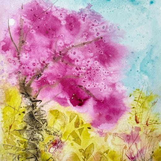 Original acrylic painting on watercolor paper featuring a blooming cherry blossom tree