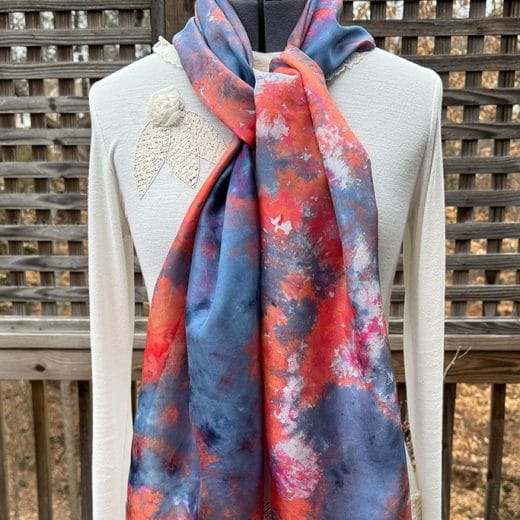 Women's colorful blue and orange hand iced dyed long silk scarf