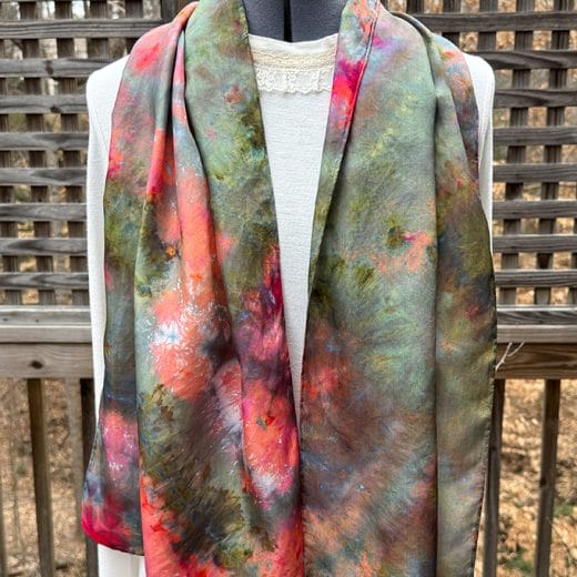 Women's wearable art hand ice dyed olive green and orange silk scarf