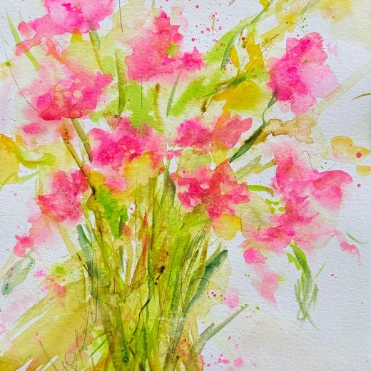 Original watercolor painting of a fresh and minimalist pink flower bouquet