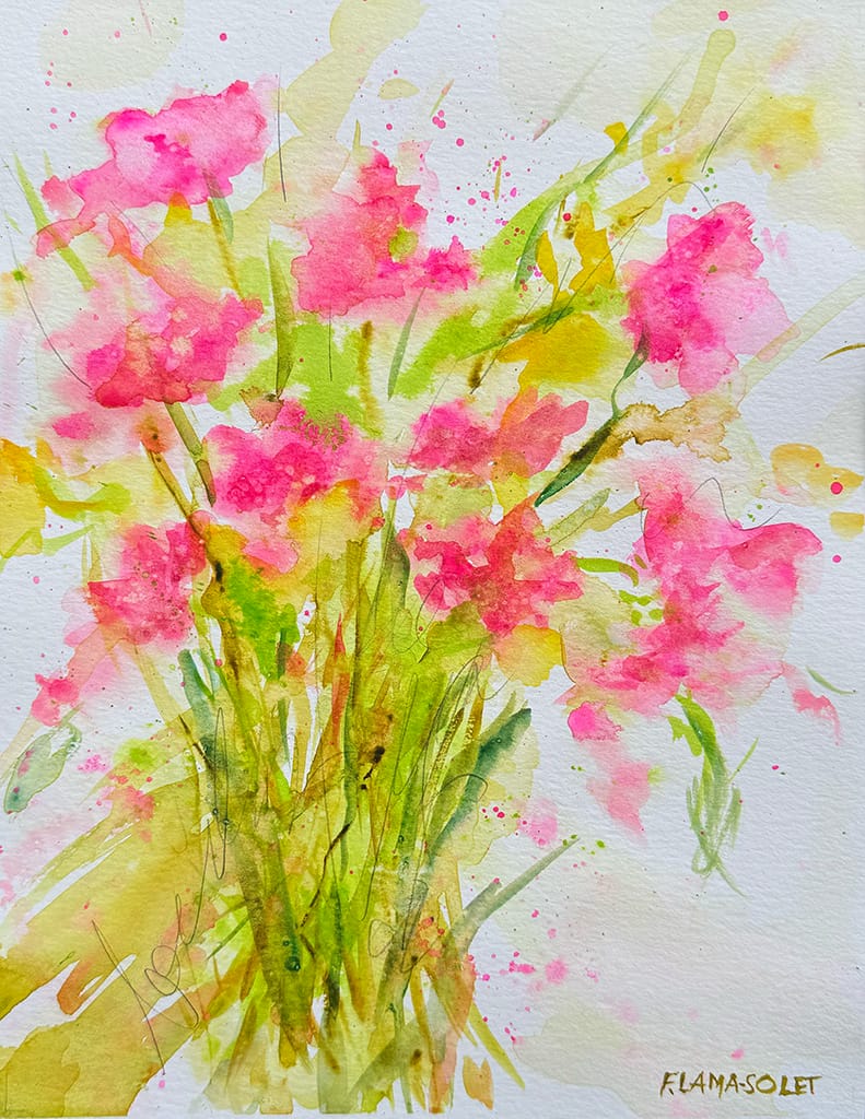 Original watercolor painting of a fresh and minimalist pink flower bouquet