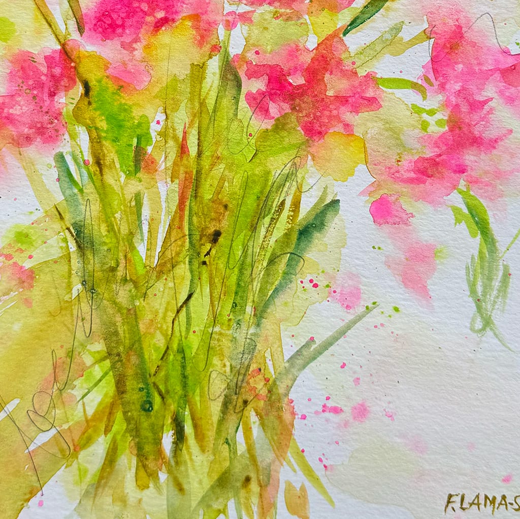 Original watercolor painting of a fresh and minimalist pink flower bouquet
