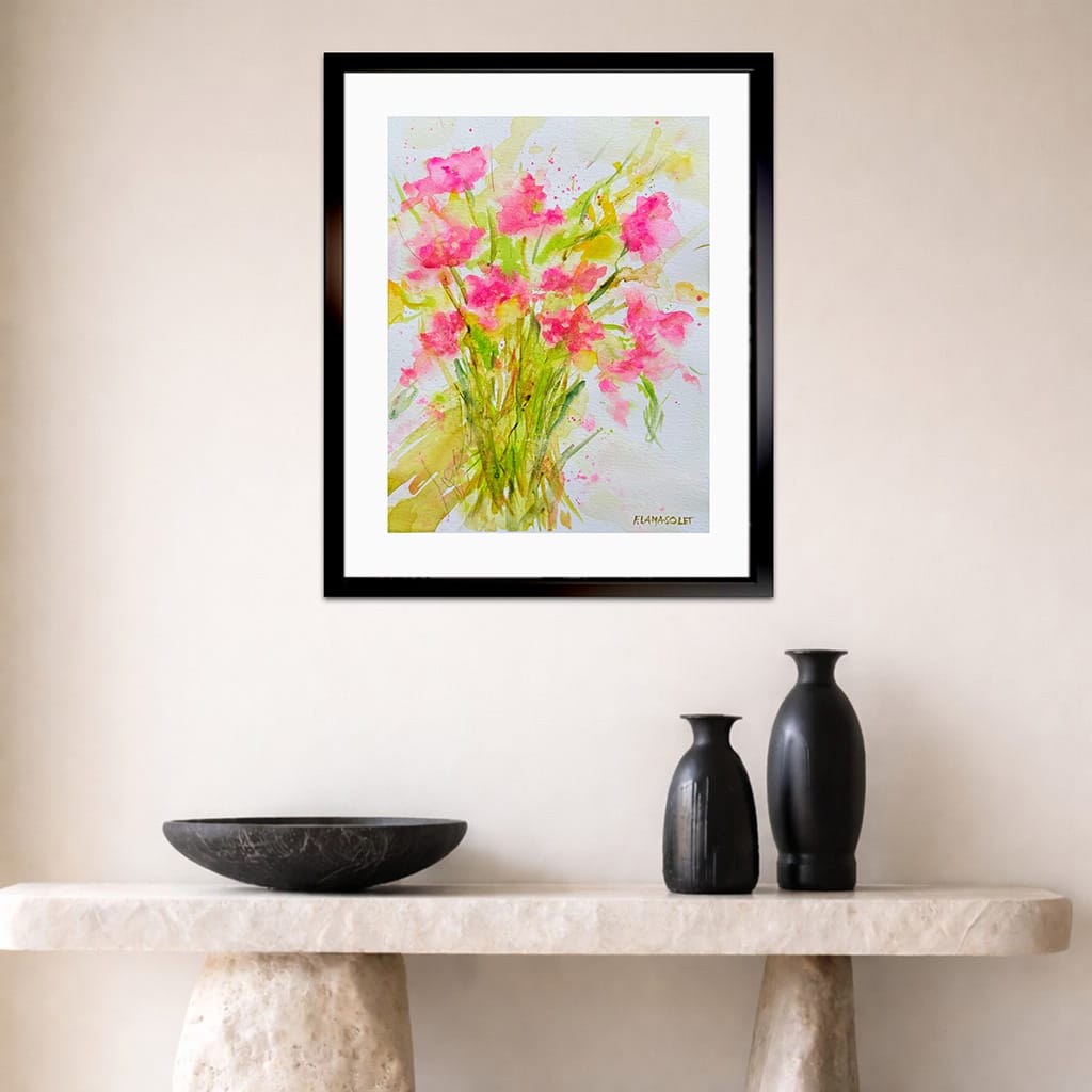 Original watercolor painting of a fresh and minimalist pink flower bouquet