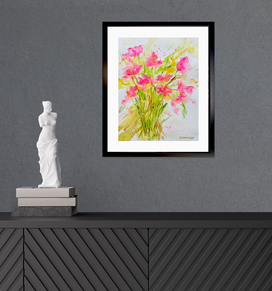 Original watercolor painting of a fresh and minimalist pink flower bouquet