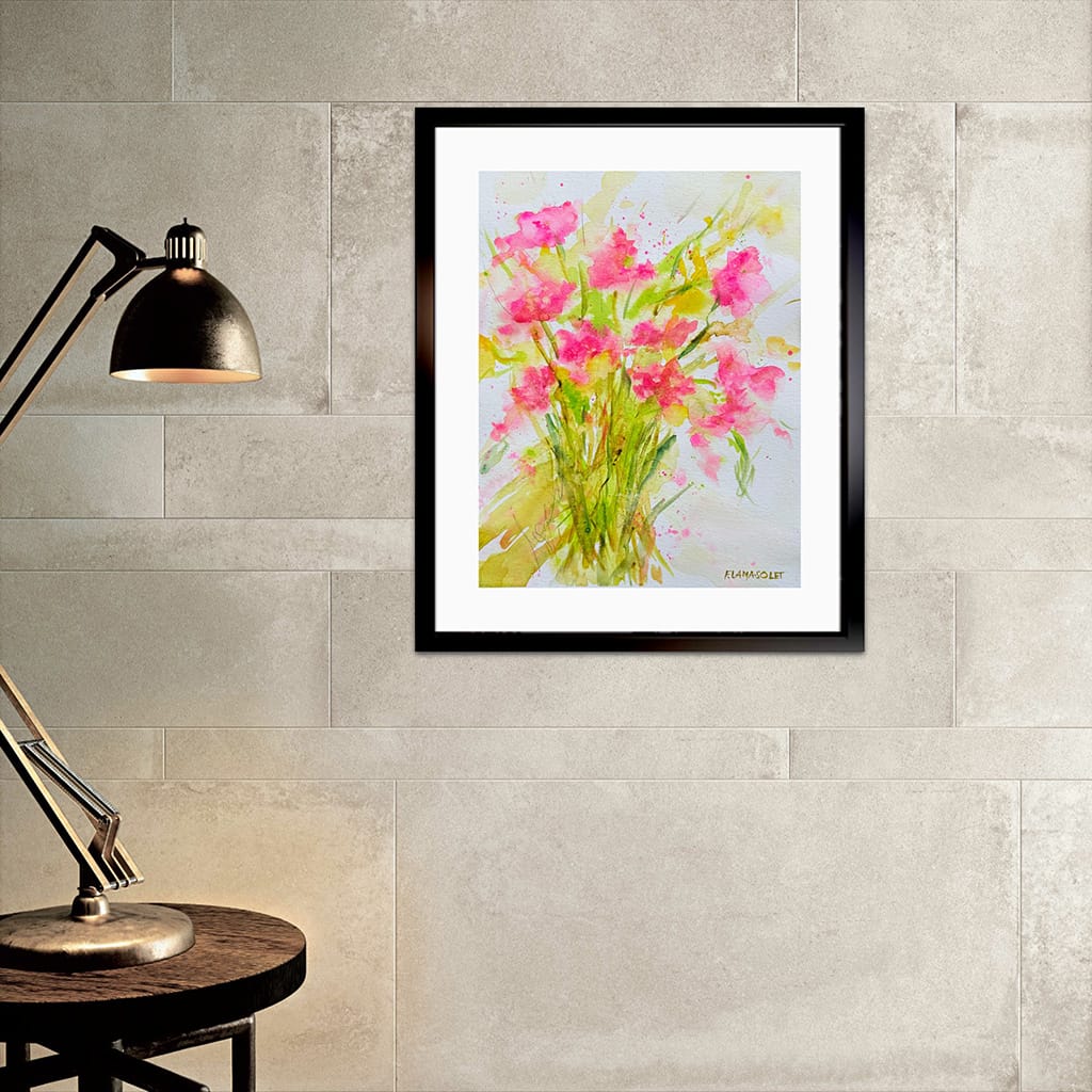Original watercolor painting of a fresh and minimalist pink flower bouquet