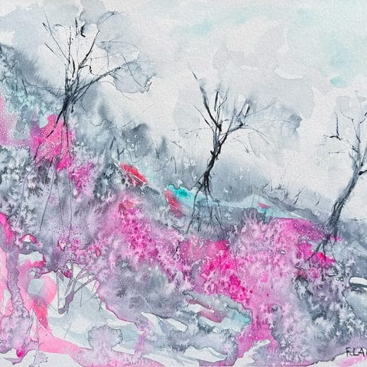 Grey and pink Limited color palette watercolor landscape painting on paper size 8" x 10"