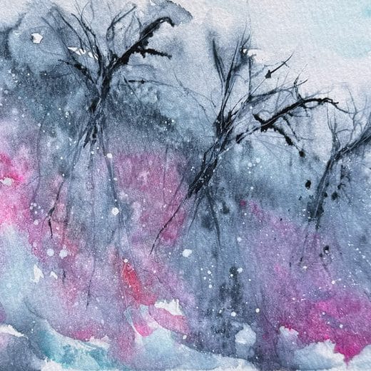 Original loose watercolor painting featuring a grey and pink contemporary landscape