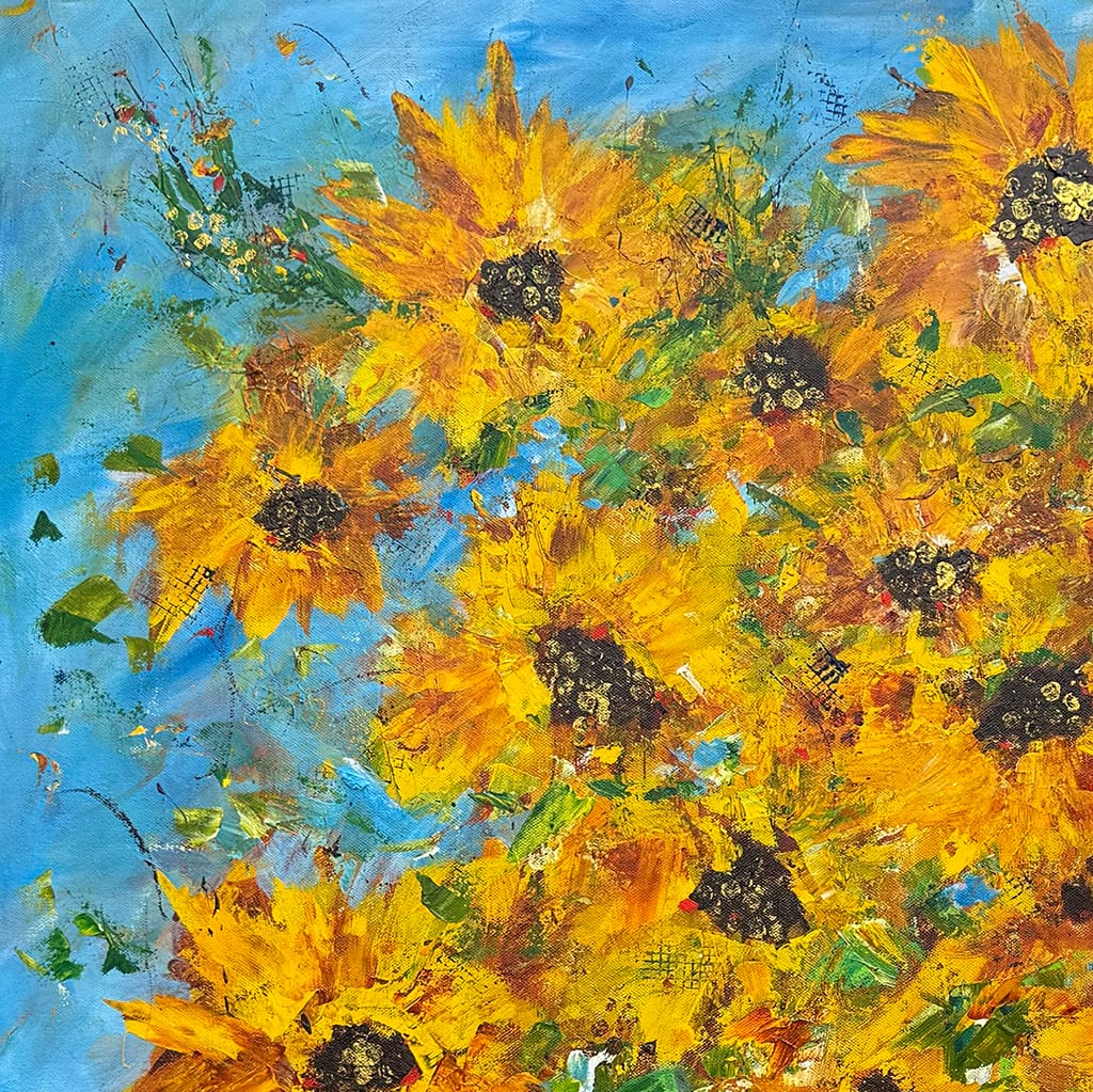 Large Original contemporary impressionist painting of a sunflower bouquet on canvas size 36" x 36"