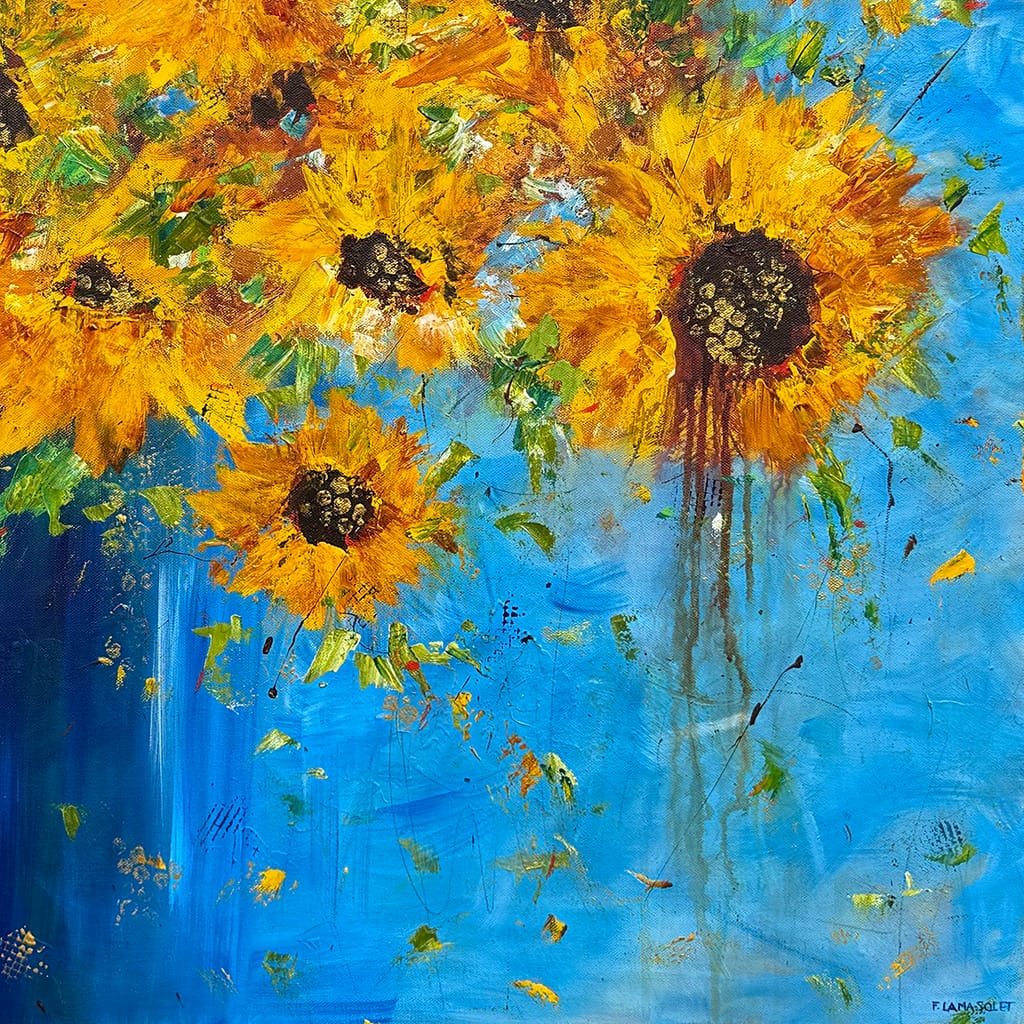 Large Original contemporary impressionist painting of a sunflower bouquet on canvas size 36" x 36"