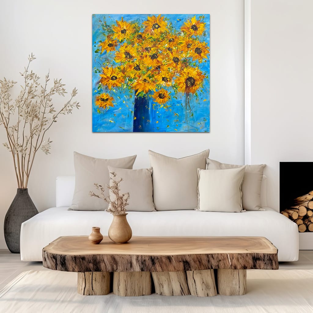 Large Original contemporary impressionist painting of a sunflower bouquet on canvas size 36" x 36"