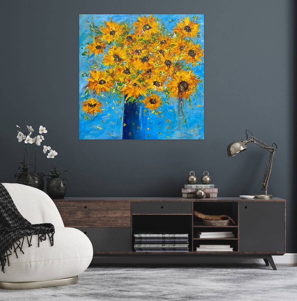 Large Original contemporary impressionist painting of a sunflower bouquet on canvas size 36" x 36"