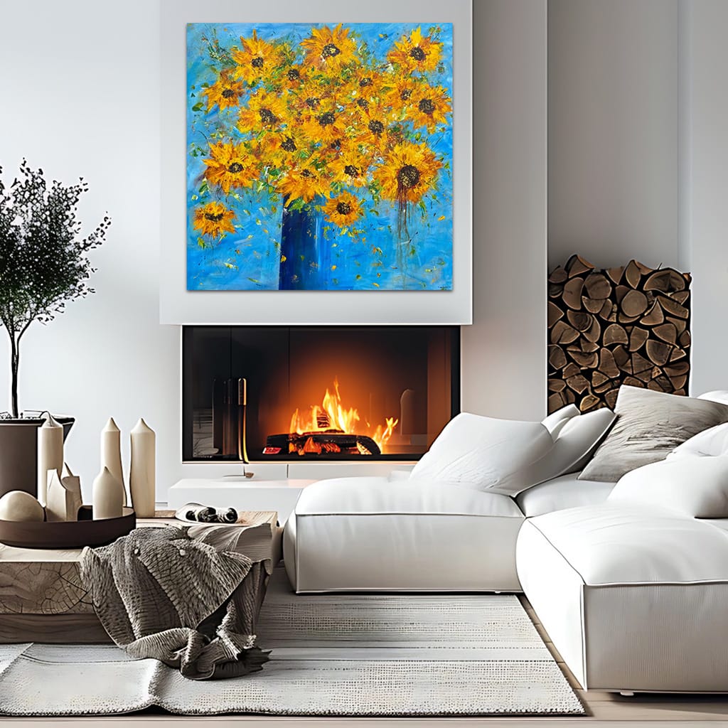 Large Original contemporary impressionist painting of a sunflower bouquet on canvas size 36" x 36"