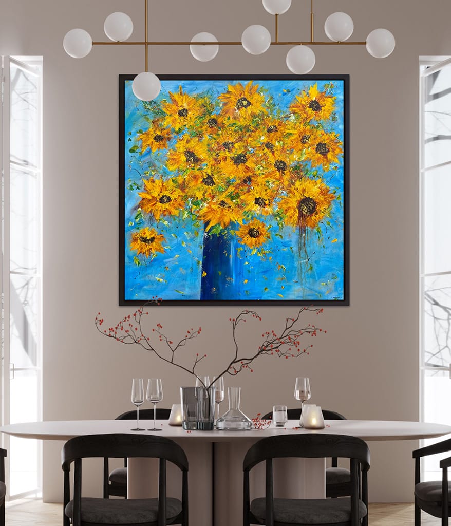 Large Original contemporary impressionist painting of a sunflower bouquet on canvas size 36" x 36"