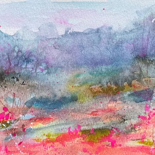 Small original atmospheric loose landscape watercolor painting on paper size 5" x 7"