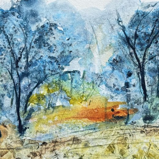 Small original watercolor landscape painting of a blue grove
