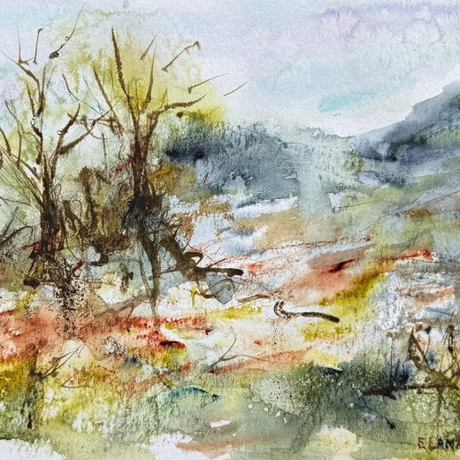 Small loose abstract atmospheric landscape watercolor painting on paper size 8" x 10"