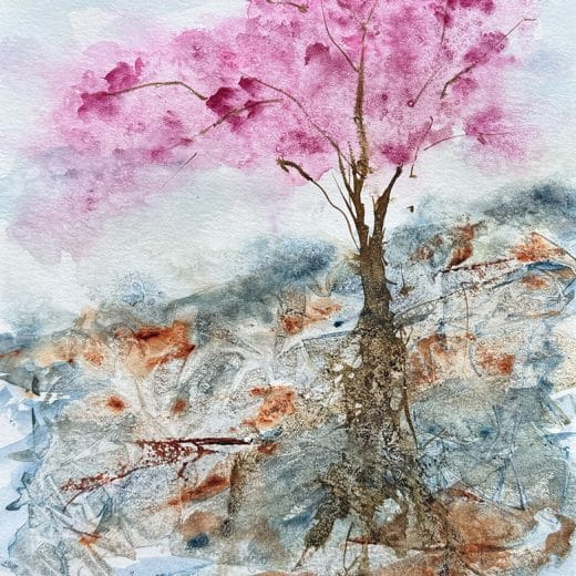 Original loose abstract landscape watercolor painting of a blooming cherry tree in a wintery atmosphere