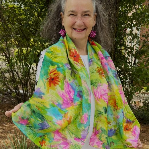 Women's unique colorful abstract floral hand painted silk scarf