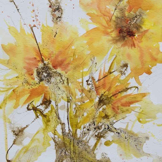 Original loose floral watercolor painting of a sunflower bouquet