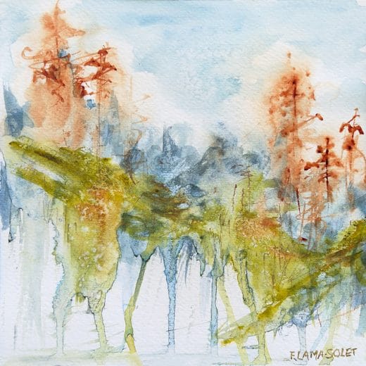 Original watercolor painting of an abstract mountain landscape on paper size 8" x 8"