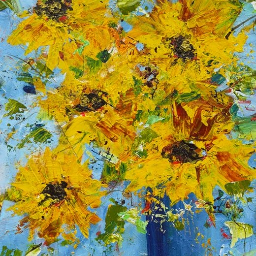Original acrylic painting of a sunflower bouquet in a blue vase on watercolor paper size 8" x 10"