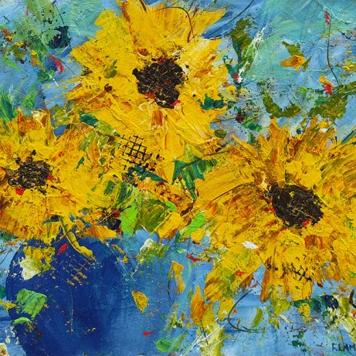Original impressionist acrylic painting of a sunflower bouquet in a blue vase on watercolor paper size 8" x 10"