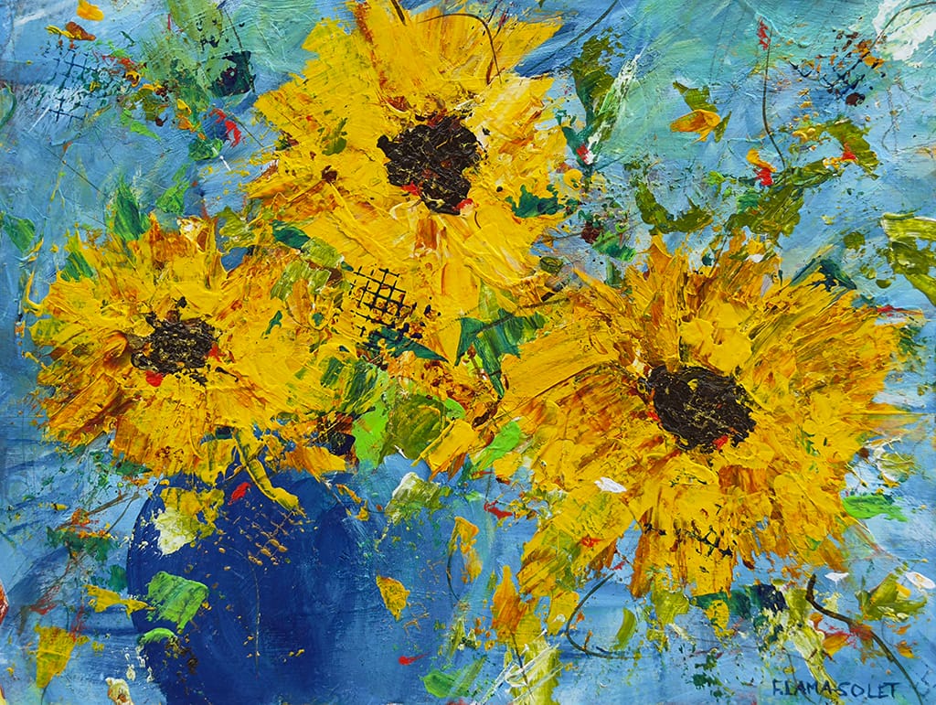 Original impressionist acrylic painting of a sunflower bouquet in a blue vase on watercolor paper size 8" x 10"