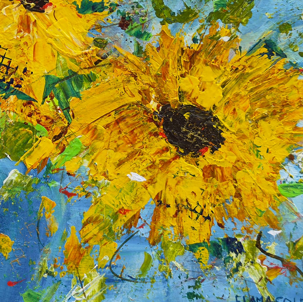 acrylic painting of a sunflower bouquet in a blue vase on watercolor paper size 8" x 10"