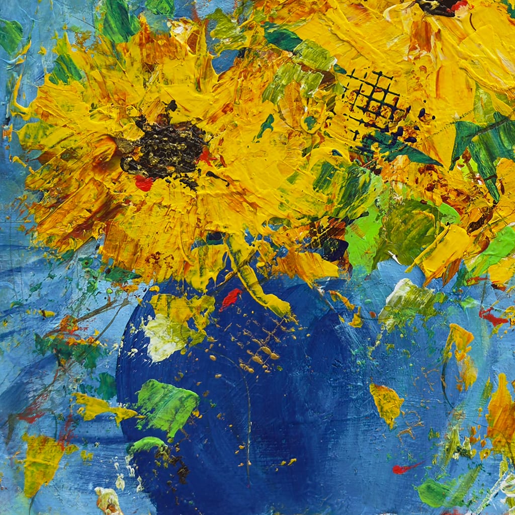 acrylic painting of a sunflower bouquet in a blue vase on watercolor paper size 8" x 10"