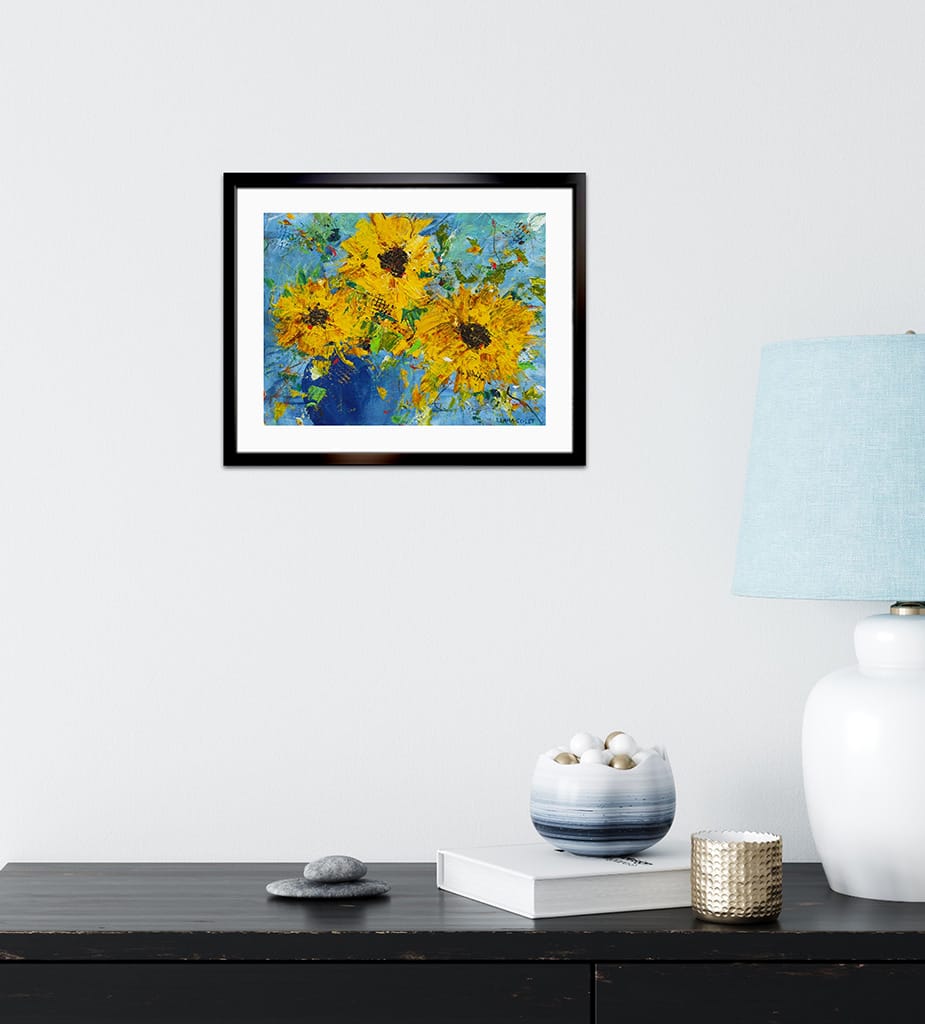 acrylic painting of a sunflower bouquet in a blue vase on watercolor paper size 8" x 10"