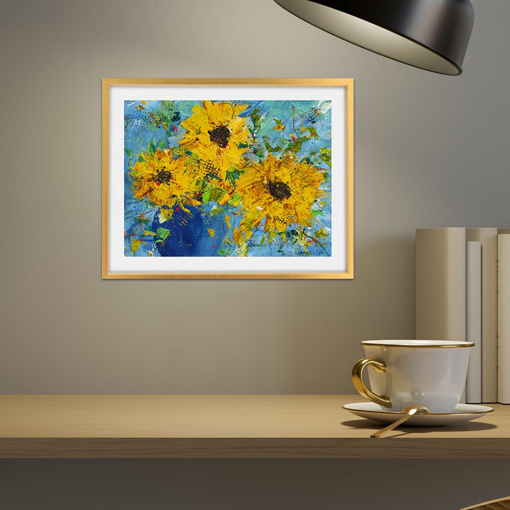 acrylic painting of a sunflower bouquet in a blue vase on watercolor paper size 8" x 10"