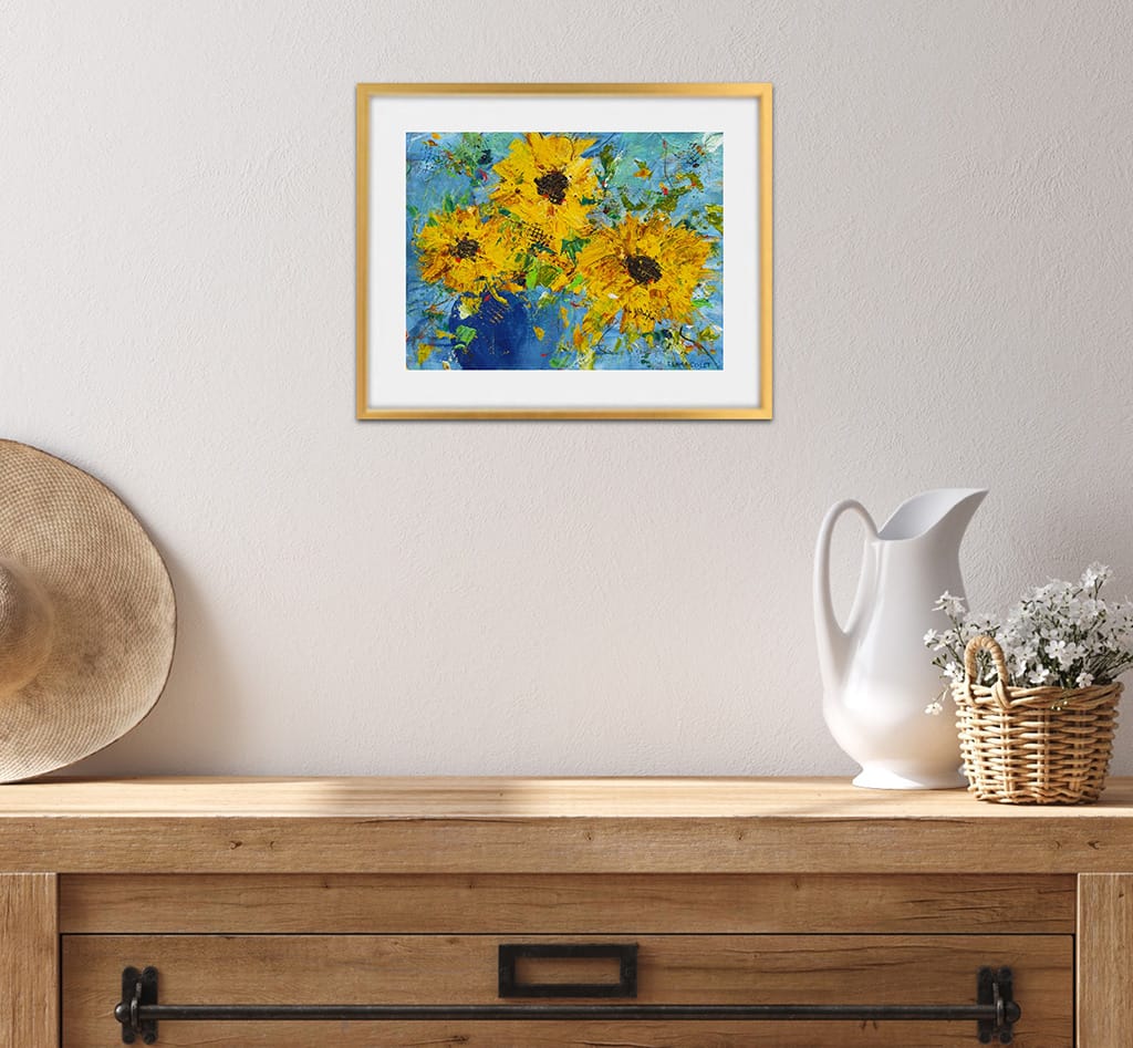 acrylic painting of a sunflower bouquet in a blue vase on watercolor paper size 8" x 10"
