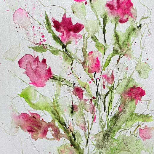 Original loose abstract painting of a sweet pea flowers bouquet on paper size 8" x 10"