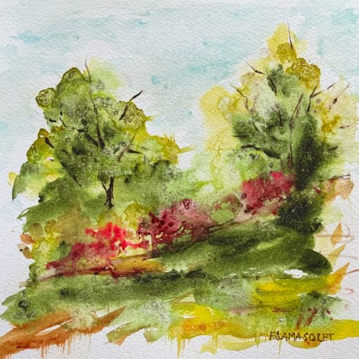 Small original watercolor painting of an impressionist landscape on paper size 8" x 8"
