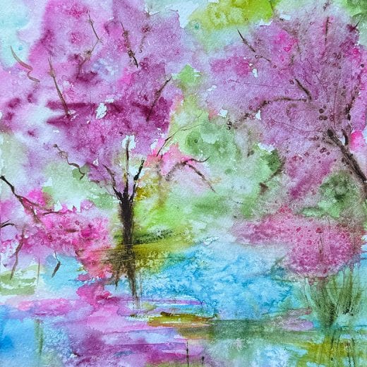 Original watercolor painting of cherry blossoms reflecting in a pond