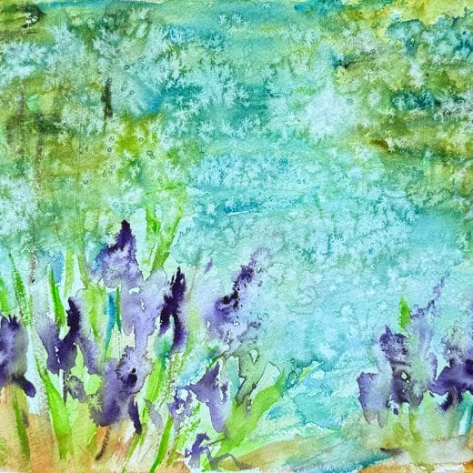 Original watercolor painting of purple irises by a pond on paper size 8" x 10"