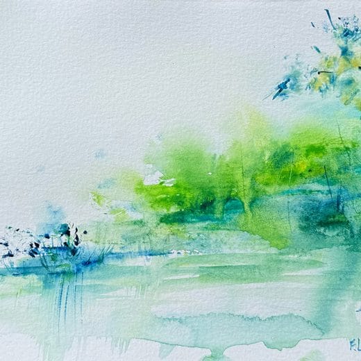 Small original watercolor painting of a loose abstract landscape in blue and green size 6" x 9"