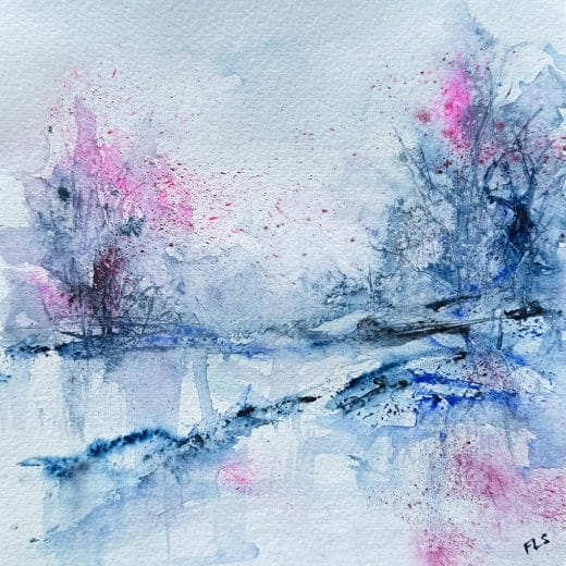 Small pink and blue original abstract watercolor landscape painting on paper size 8" x 8"