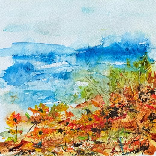 Small vibrant original watercolor painting of a coastal view with California poppies