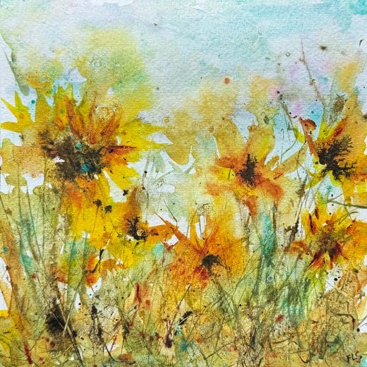 Small original abstract watercolor painting of a sunflower field on paper size 8" x 8"