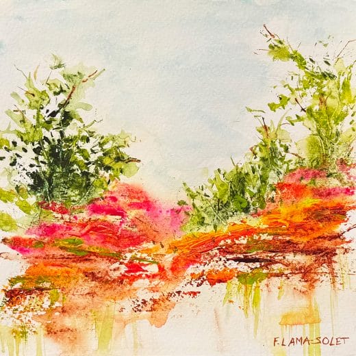 Vibrant abstract watercolor landscape painting on paper size 8" x 8"
