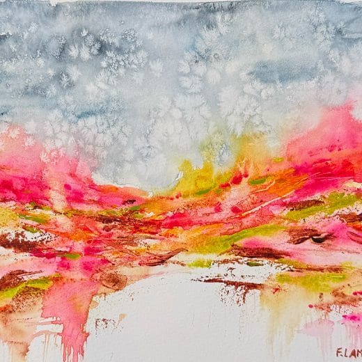 Original abstract landscape watercolor painting featuring super blooms under the stars